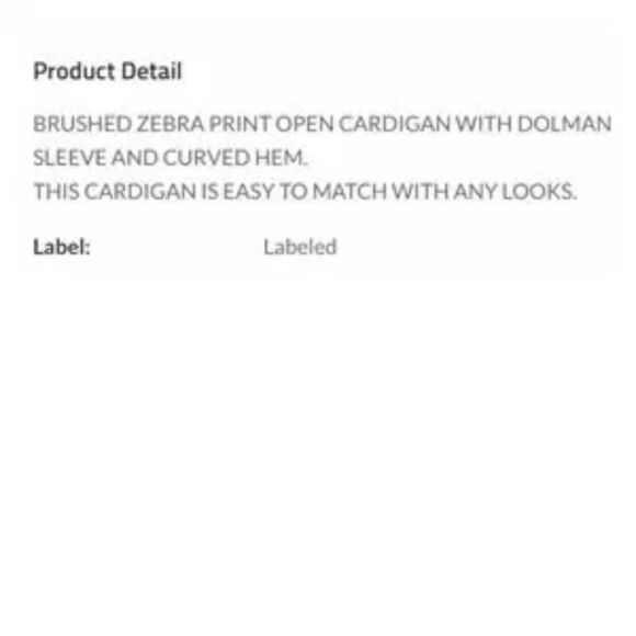 Brushed Zebra Dolman Sleeve Open Front Cardigan Small - Picture 9 of 9